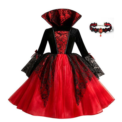 Kids Girls Cosplay Gothic Dark Ghost Bride Witch Vampire Halloween Costume Red Black Tutu Dress Wig Veil Kits Trick or Treat