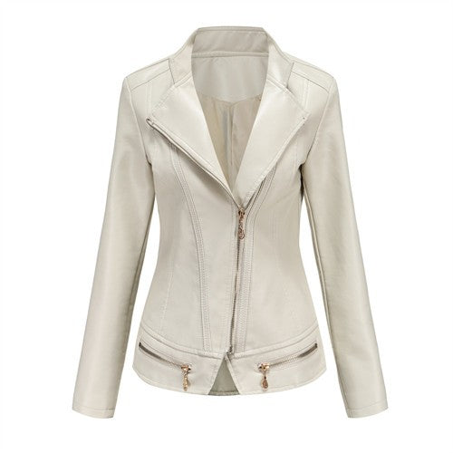 Women's Bright Red Lapel PU Jacket, Zippered Embellished Leather Jackets, Women Fashion Casual Coat of Female Outerwear