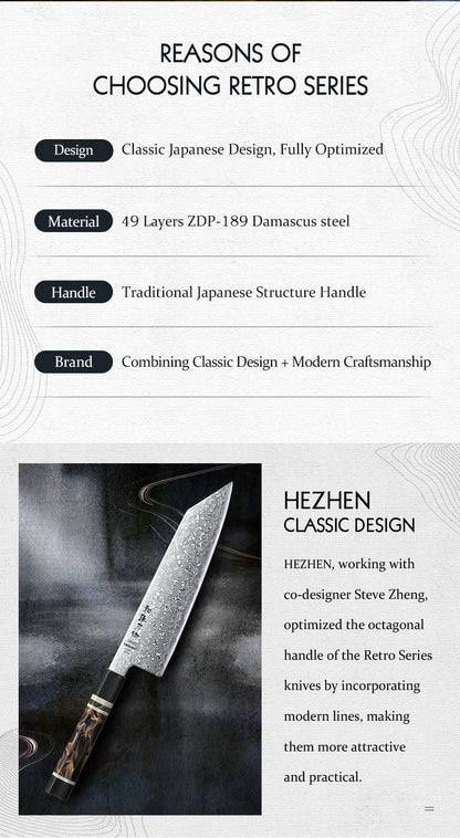 HEZHEN 8.3 Inch Bunka Knife 49 Layers ZDP-189 Damascus steel Powder Core Steel Kitchen Cook Wooden Gift Box kiritsuke Knife