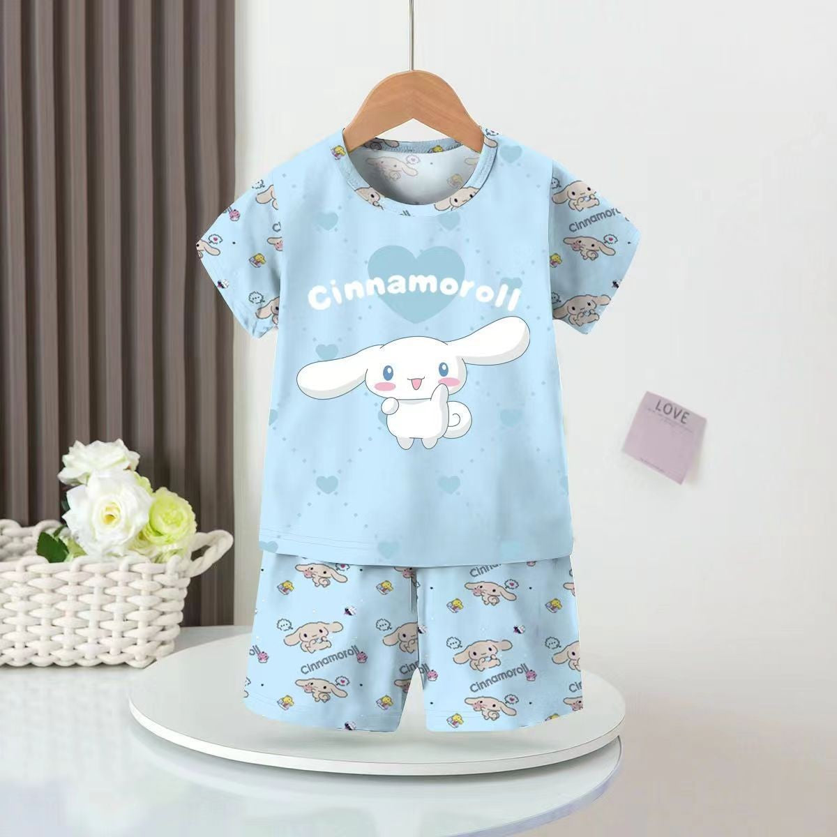 Spring and Autumn Girls' Short-sleeved Shorts Thin Air-conditioned Clothing Pajama Pajamas Sleepwear Robe Children's Mother Kids