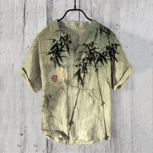 2024 Summer Retro Style European and American Popular Linen Short sleeved Shirt Fashion Hawaiian Shirt Button V-neck