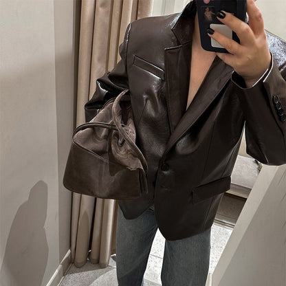 Vintage PU Leather Bomber Jackets 2025 Autumn New Ladies Zipper Lapel Long Sleeve Pocket Coat With Belt Women's Loose Streetwear