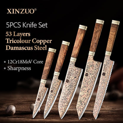 XINZUO Conjunto de 1-5 Peças de Facas para Legumes, Multiuso, Santoku, Chef, Bunka, Aço Damasco de Cobre Tricolor com 53 Camadas, Núcleo 12Cr18MoV, Dureza 60±2 HRC, com Caixa de Acácia
