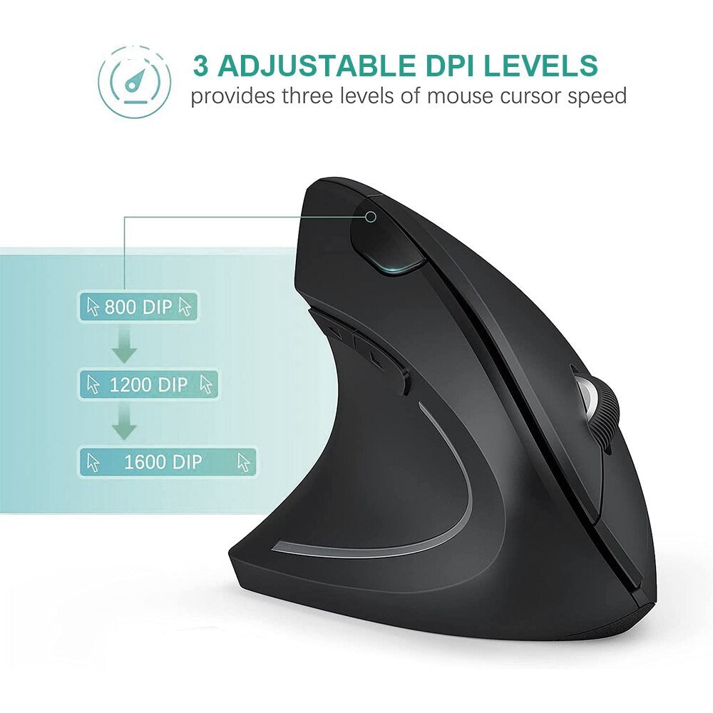 Mouse Vertical Ergonômico Sem Fio 2.4GHz Óptico 3 DPI Ajustáveis 800/1200/1600 6 Botões para Notebook PC Computador de Mesa