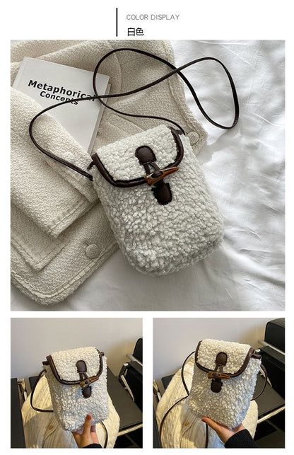 Fashion Winter Lambswool Phone Bag Sweet Lovely Portable Women Wallets Square Purse Faux Fur Plush Shoulder Bags Purses Handbags