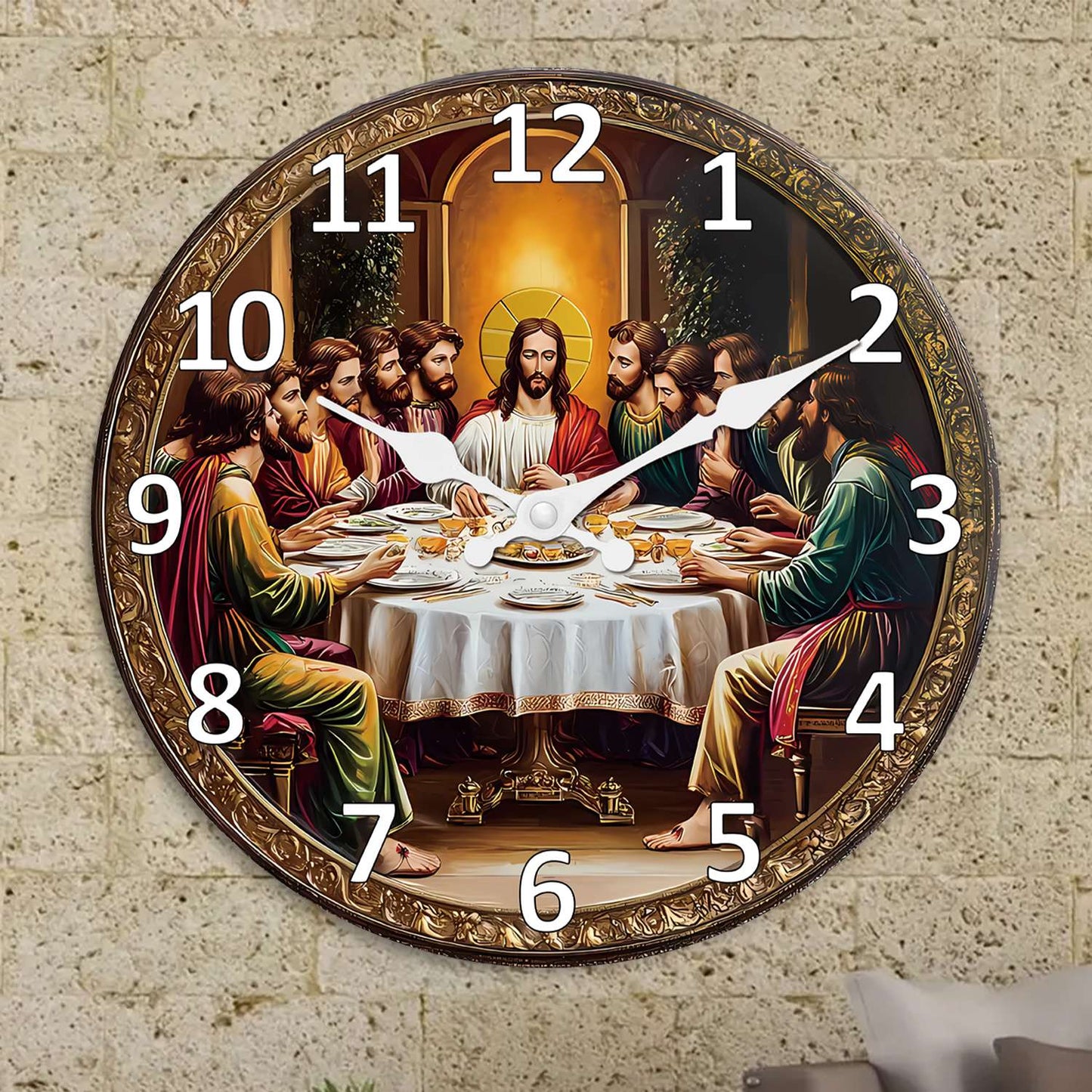 A Retro Religious“The Last Dinner” Wooden Wall Clock Living Room Bedroom Kitchen Home Decoration Wall Clock Silent Quartz Clock Holiday Gift 10 Inches 12 Inches 14 Inches 16inch (Without Batteries)