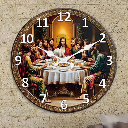 A Retro Religious“The Last Dinner” Wooden Wall Clock Living Room Bedroom Kitchen Home Decoration Wall Clock Silent Quartz Clock Holiday Gift 10 Inches 12 Inches 14 Inches 16inch (Without Batteries)