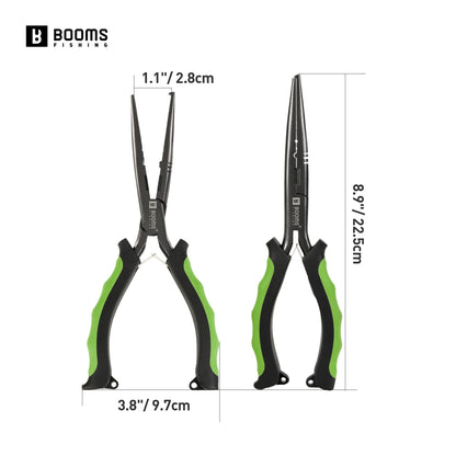 Alicate de Pesca Multifuncional Booms Fishing F03 23,5cm Bico Reto Longo Aço Inoxidável Cortador de Linha Tesoura Ferramenta