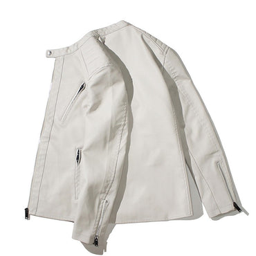 Stand Collar Solid Color White Black Leather Jacket Zip Up PU Coat Men's Motorcycle Leather Jacket Male Spring Autumn Casual