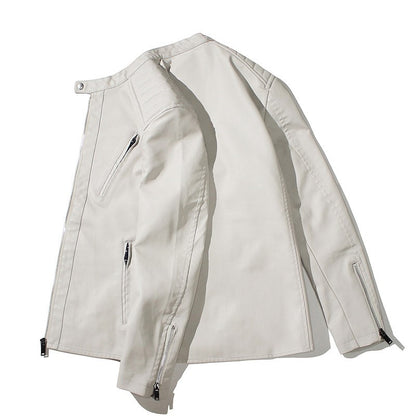 Stand Collar Solid Color White Black Leather Jacket Zip Up PU Coat Men's Motorcycle Leather Jacket Male Spring Autumn Casual