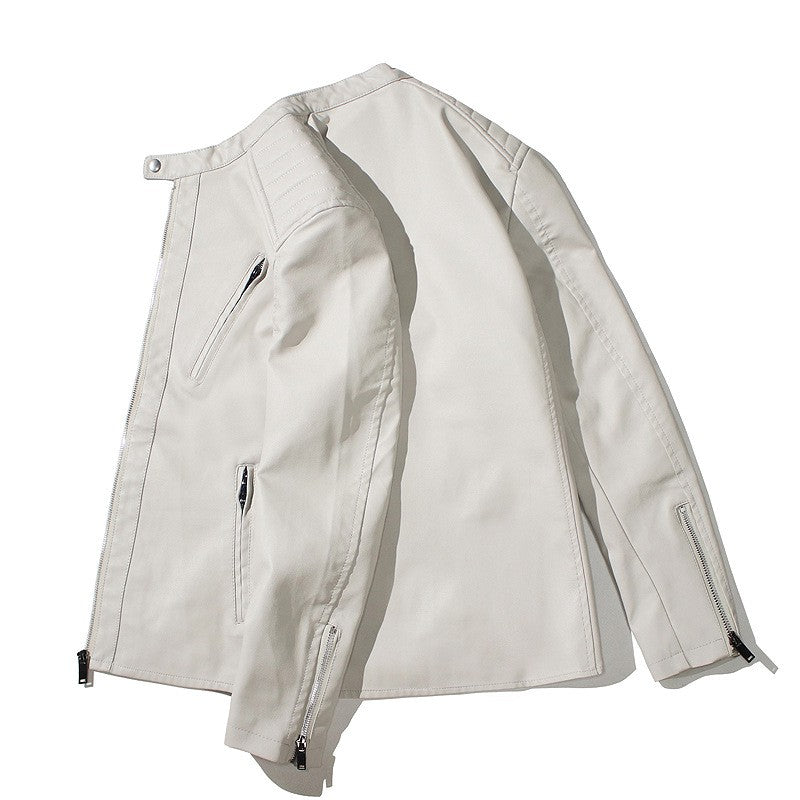 Stand Collar Solid Color White Black Leather Jacket Zip Up PU Coat Men's Motorcycle Leather Jacket Male Spring Autumn Casual