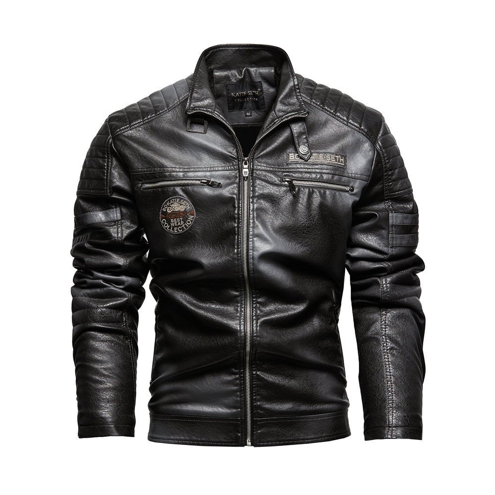 Modern PU Leather Motorcycle Biker Jacket Pilot Coat with Fleece Lining Tough Guy Men's Stylish Riding