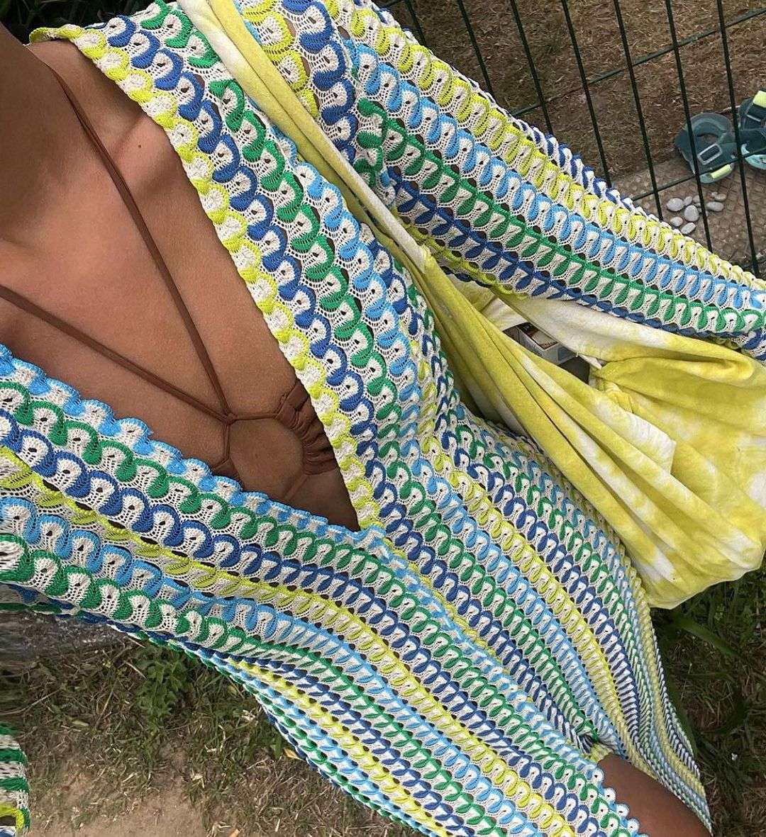 Crochet Colorful Stripe Maxi Dress Women Flare Sleeve V-neck High Split Sexy Lon