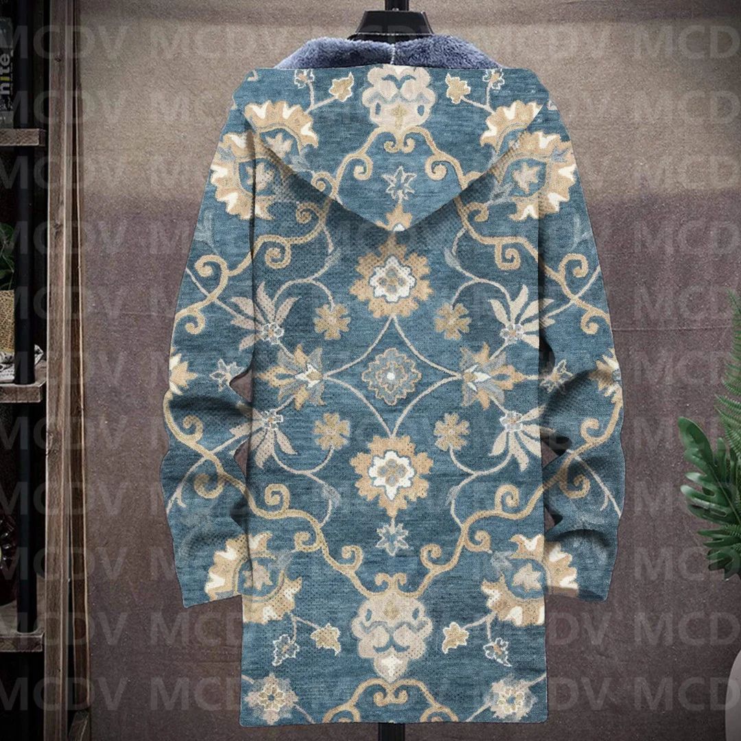 Men's Retro Flower Print Plush Thick Long-Sleeved Coat Fleece Hooded Overcoat Unisex Thick Warm Jacket-12 style