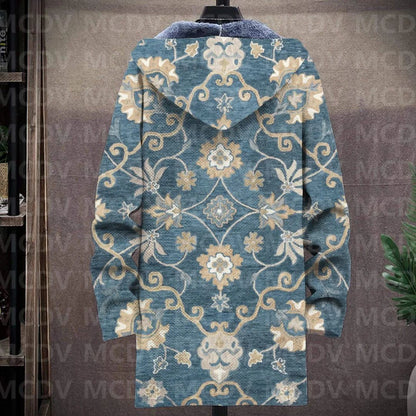 Men's Retro Flower Print Plush Thick Long-Sleeved Coat Fleece Hooded Overcoat Unisex Thick Warm Jacket-12 style