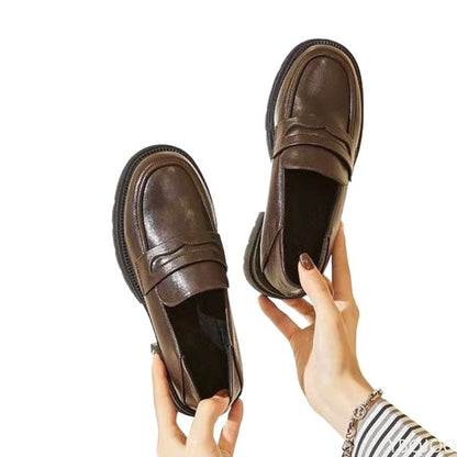 Sapatos Casuais Femininos de Couro Moda Saltos Grossos Cor Sólida Respirável Mocassins Confortáveis Saltos Altos Femininos Zapatos