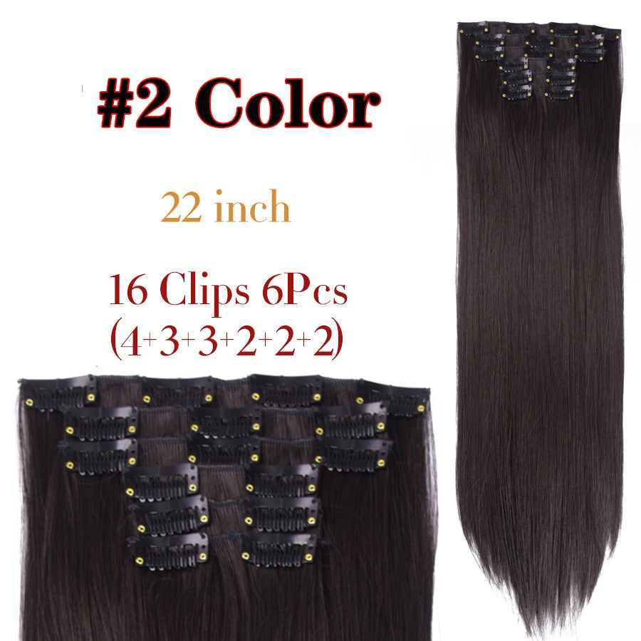 22 Polegadas Sintético Cabelo Liso Longo 16 Clipes 6 Peças/Conjunto Apliques de Cabelo Loiro Preto Resistente ao Calor Para Mulheres