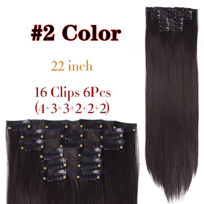 22 Polegadas Sintético Cabelo Liso Longo 16 Clipes 6 Peças/Conjunto Apliques de Cabelo Loiro Preto Resistente ao Calor Para Mulheres