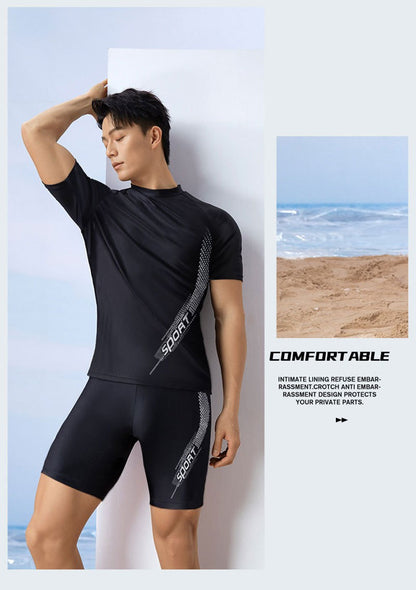 Men Swimsuit O-Neck Short Sleeve Mid-rise Swimming Suit Printing Slim Fit T-shirt Swimming Trucks Set Beachwear