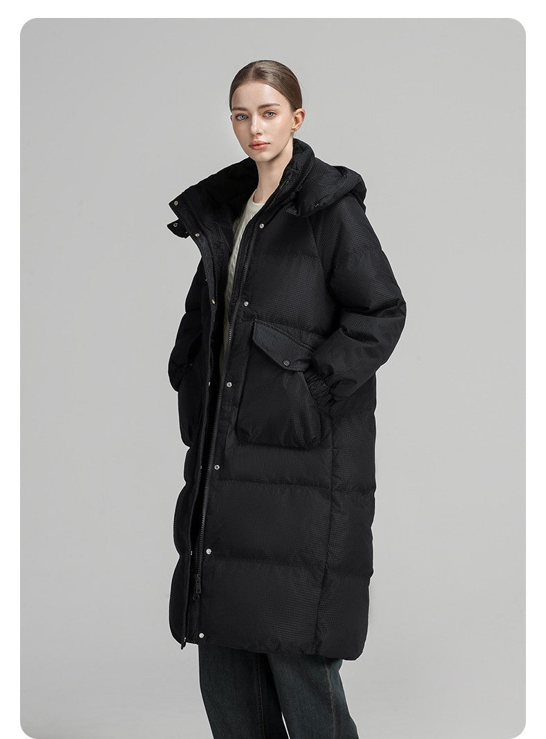 CLARKE QUEEN Long Down Jacket for Women Winter Duck Down Coat Hooded Over-the-Knee Casual Thickened Fitted Padded Puffer Coat