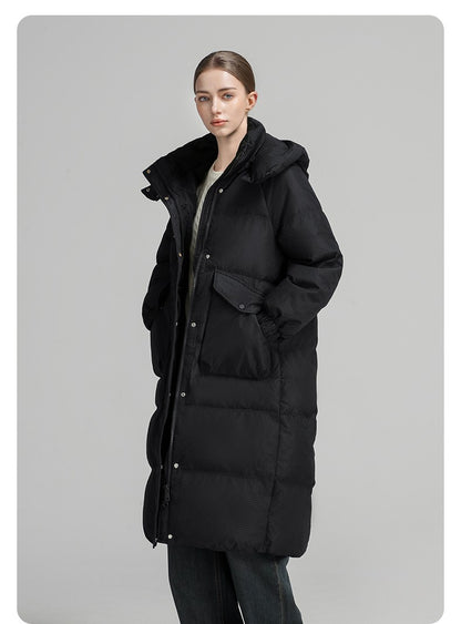 CLARKE QUEEN Long Down Jacket for Women Winter Duck Down Coat Hooded Over-the-Knee Casual Thickened Fitted Padded Puffer Coat