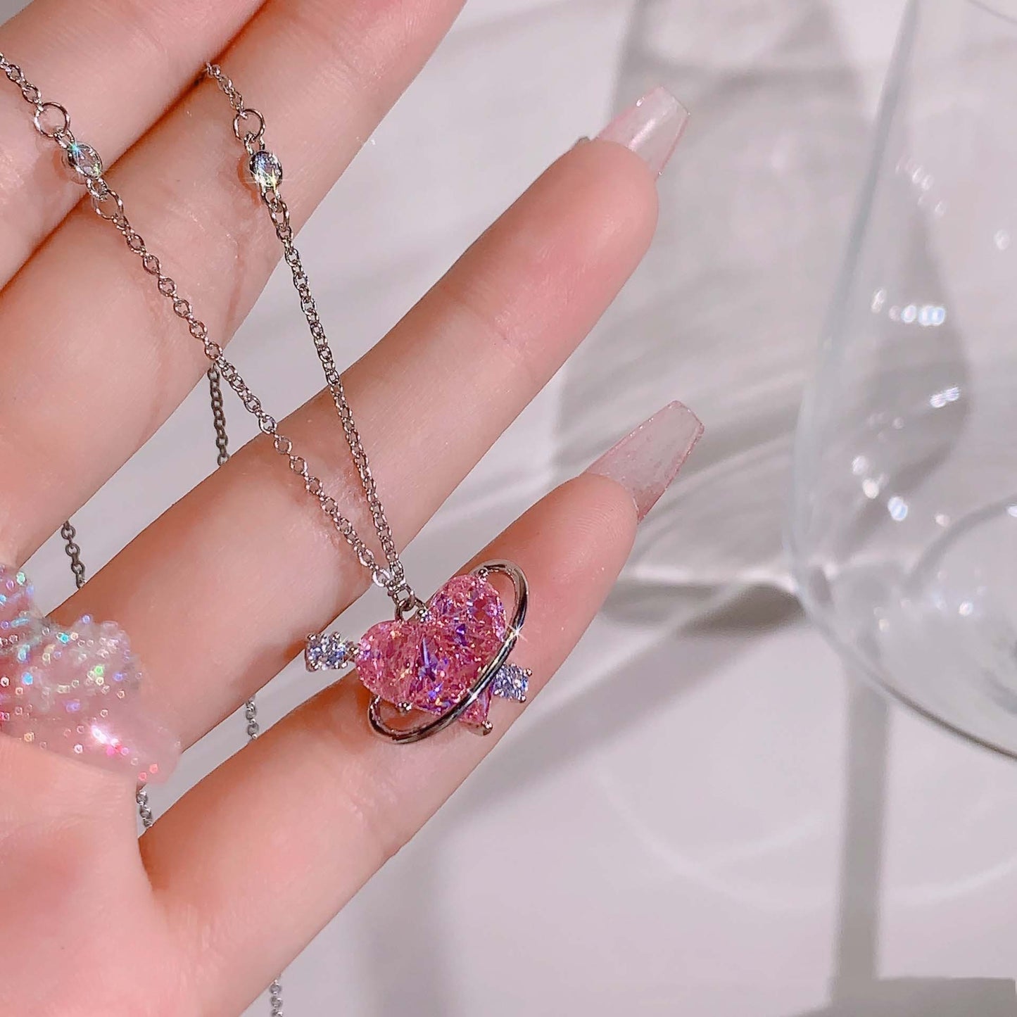Colar coreano com pingente de laço de coração de cristal rosa, corrente prateada, para mulheres, joias estéticas para casamento
