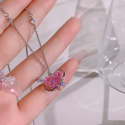 Colar coreano com pingente de laço de coração de cristal rosa, corrente prateada, para mulheres, joias estéticas para casamento