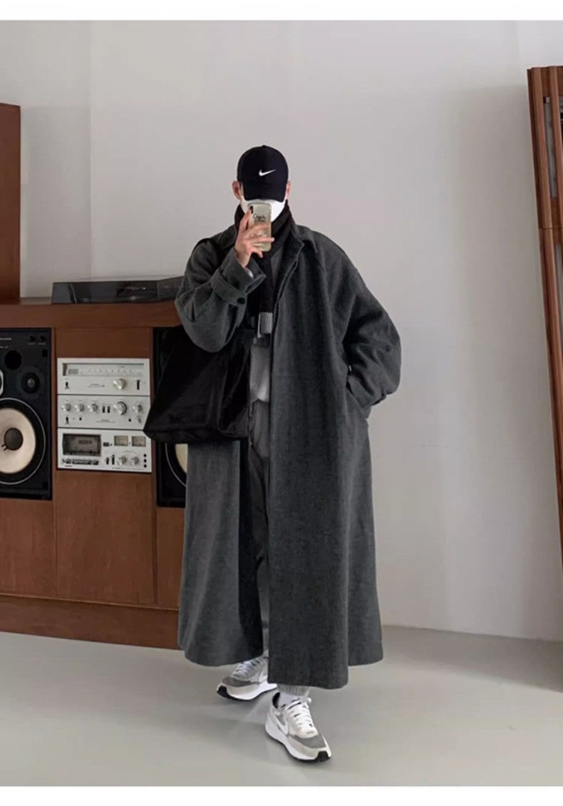 Mauroicardi Autumn Winter Long Warm Grey Black Slouchy Woolen Coat Men Single Breasted Loose Casual Wool Blends Overcoat 2023