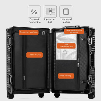 SUSHIMU 20-inch all-aluminum-magnesium alloy luggage with front opening, trolley suitcase, carry-on suitcase, metal travel