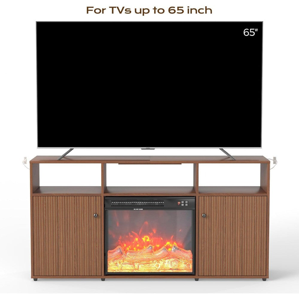 Mid Century Modern Electric Fireplace, TV Stand for Living Room and Bedroom, Retro Entertainment Center for 55 60 65 Inch TVs, 5