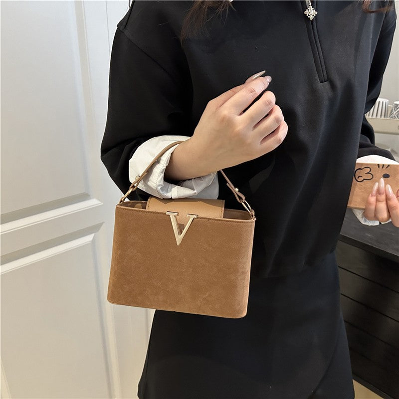Fashionable Mini Suede Women's Bag, Faux Suede Tote Bag, Hardware Lock Buckle Decoration Handbag Purse Shoulder Cross Body Bags