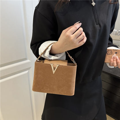 Fashionable Mini Suede Women's Bag, Faux Suede Tote Bag, Hardware Lock Buckle Decoration Handbag Purse Shoulder Cross Body Bags