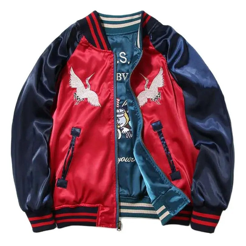 Satin Embroidered Bomber Jacket Men Women Couple Wear Coat Korean Oversize Sukajan Retro Spring Autumn 2025 Z1