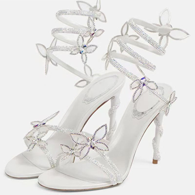Sandália Feminina Sexy Eilyken com Flores de CRISTAL Salto Fino Alto Tiras Finas no Tornozelo Estilo de Rua Sapatos de Pole Dance