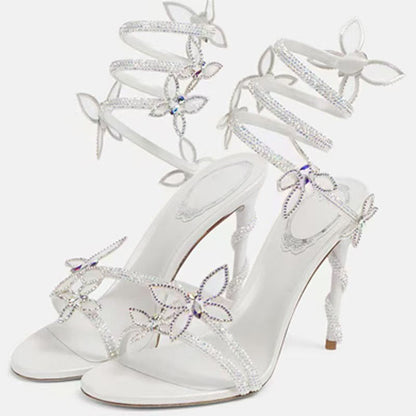 Sandália Feminina Sexy Eilyken com Flores de CRISTAL Salto Fino Alto Tiras Finas no Tornozelo Estilo de Rua Sapatos de Pole Dance