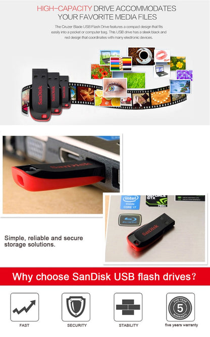 SanDisk CZ50 USB 2.0 Flash Drive 128GB 64GB 32GB U Disk 16GB USB2.0 Mini Pen Drive Memórias USB Flash USB Stick para computador