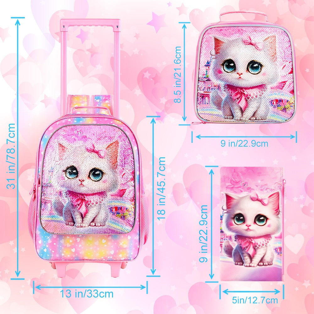 Mochila de Rodinhas 4 Peças para Meninas, Mochila Escolar com Rodas de Gato para Crianças com Lancheira, Mochila Escolar com Rodas para Crianças Pequenas do Ensino Fundamental