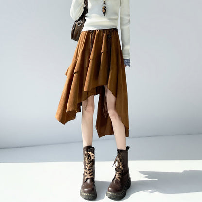 Caramel Suede Half-length Skirt Women's Autumn Winter New Irregular Belt Slim A- Line Midi Umbrella Skirt Comfortable Casual S .