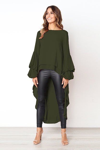 Elegant Solid Color Chiffon Shirts Women O Neck Lantern Sleeves Irregular Long Blouses Tops Temperament Lady Commuting Clothing