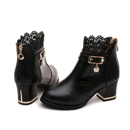 Women'S Ladies Boots Fall Winter Vintage Leather Lace Short Boots Shoes Women'S Fashion Lace Trim Boots Mid-Heeled Boots