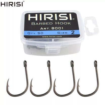 Anzóis Hirisi 50pçs com Farpa Revestidos para Pesca de Carpa com Olhal, Design Japonês, Fabricados em Aço Carbono 8001