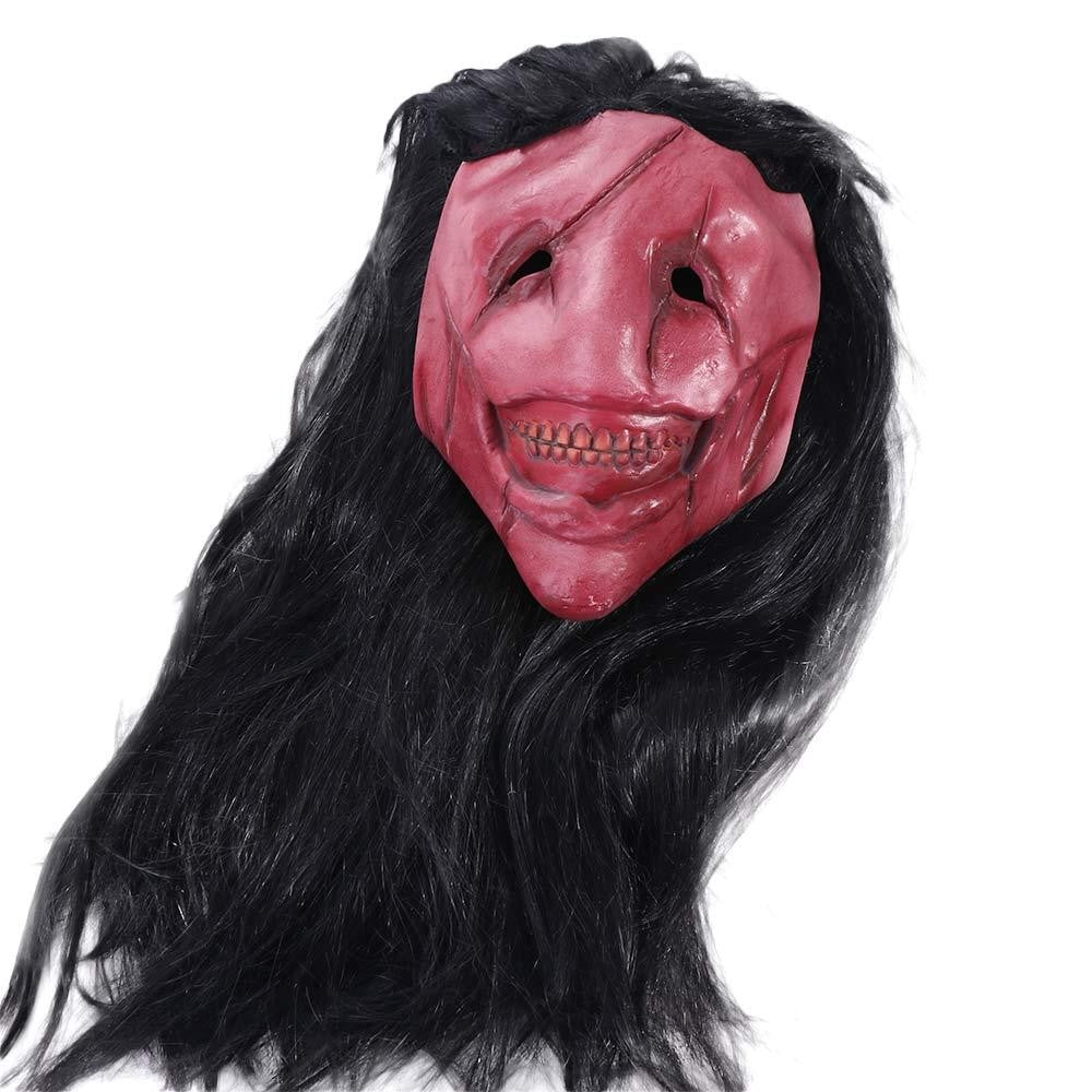 Scary Long Hair Red Face Devil Mask Exposed Teeth Latex Headgear Wig Horror Face Masks Creativity Spooky Scary Demon Mask