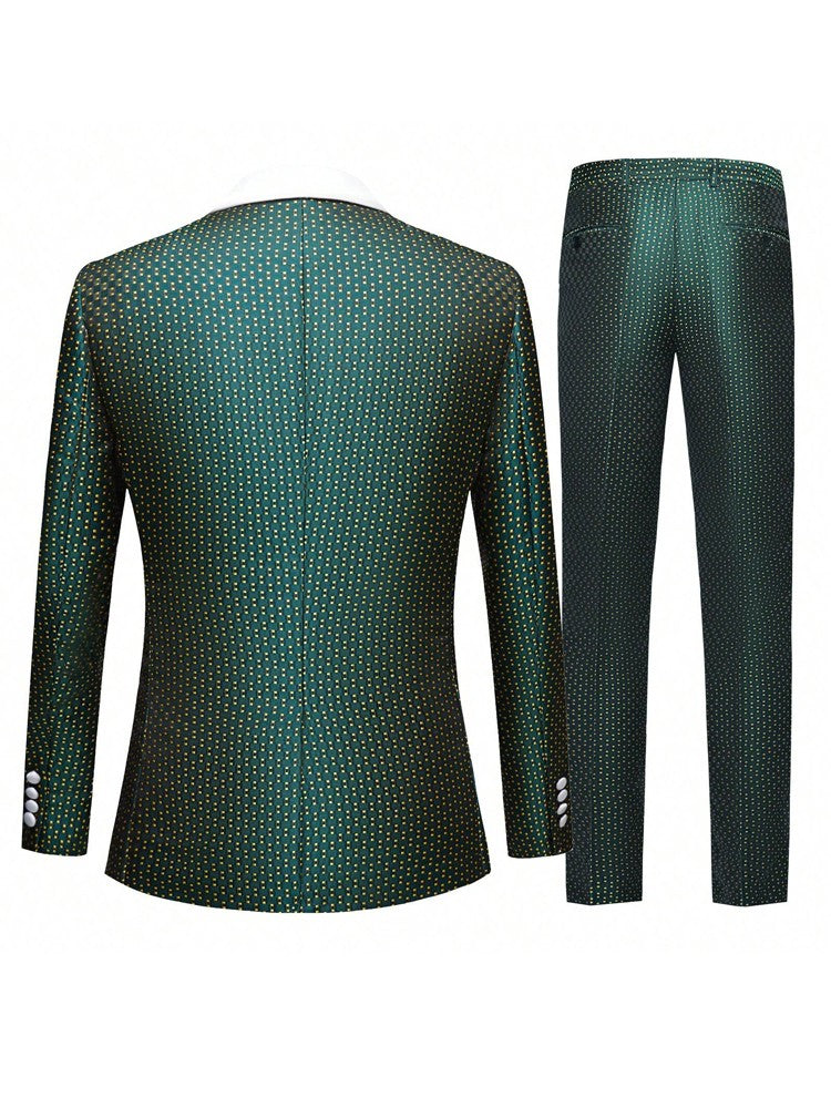 Men's three-piece green jacquard slim-fitting suit set, including paisley pattern suit jacket, vest, and pants, suitable for bal
