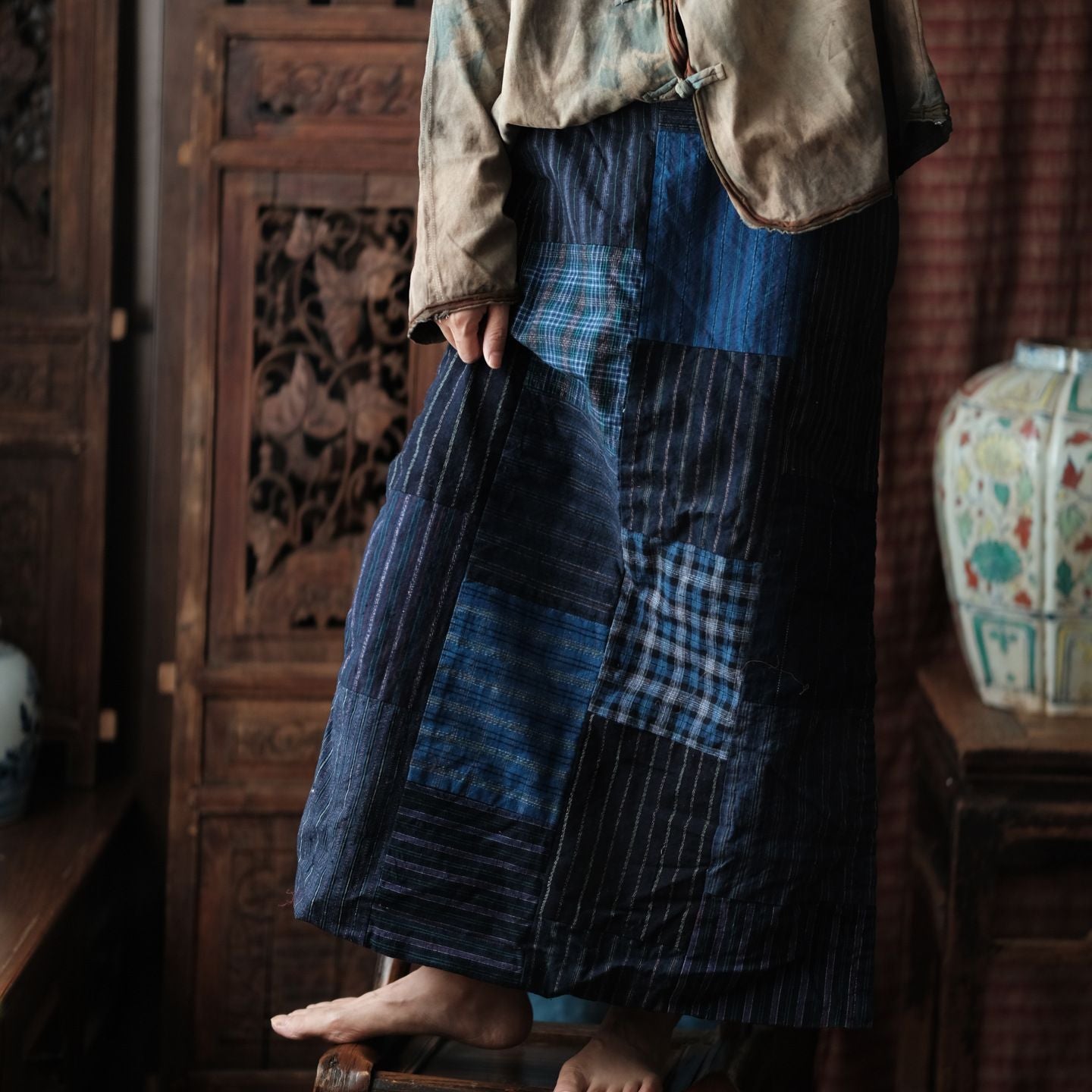 Women Cotton Linen Llong Skirt New Arrival 2025 Autumn Vintage Style Plaid Pattern Loose Comfortable Femae Casual Skirts M2006