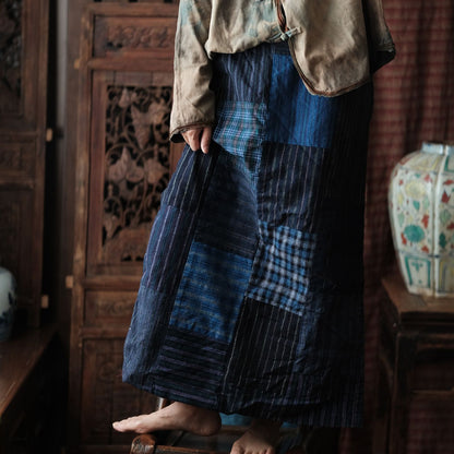 Women Cotton Linen Llong Skirt New Arrival 2025 Autumn Vintage Style Plaid Pattern Loose Comfortable Femae Casual Skirts M2006