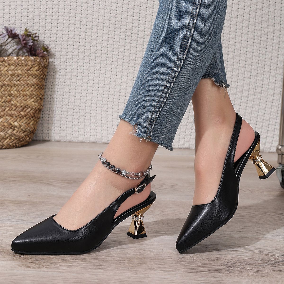 Pu Leather High Heels Pumps Women 2025 Summer Ankle Buckle Thick Heeled Sandals Woman Crystal Decor Pointed Toe Party Shoes