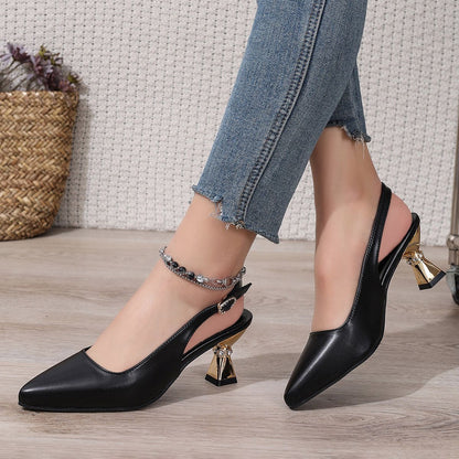 Pu Leather High Heels Pumps Women 2025 Summer Ankle Buckle Thick Heeled Sandals Woman Crystal Decor Pointed Toe Party Shoes