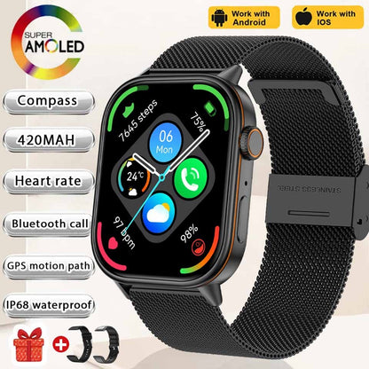 Smartwatch de Música Feminino 2025 Novo com Tela AMOLED HD de 2.01'' Moda, GPS de 6 Estrelas Embutido, Rastreador Impermeável e Chamada, Braceletes