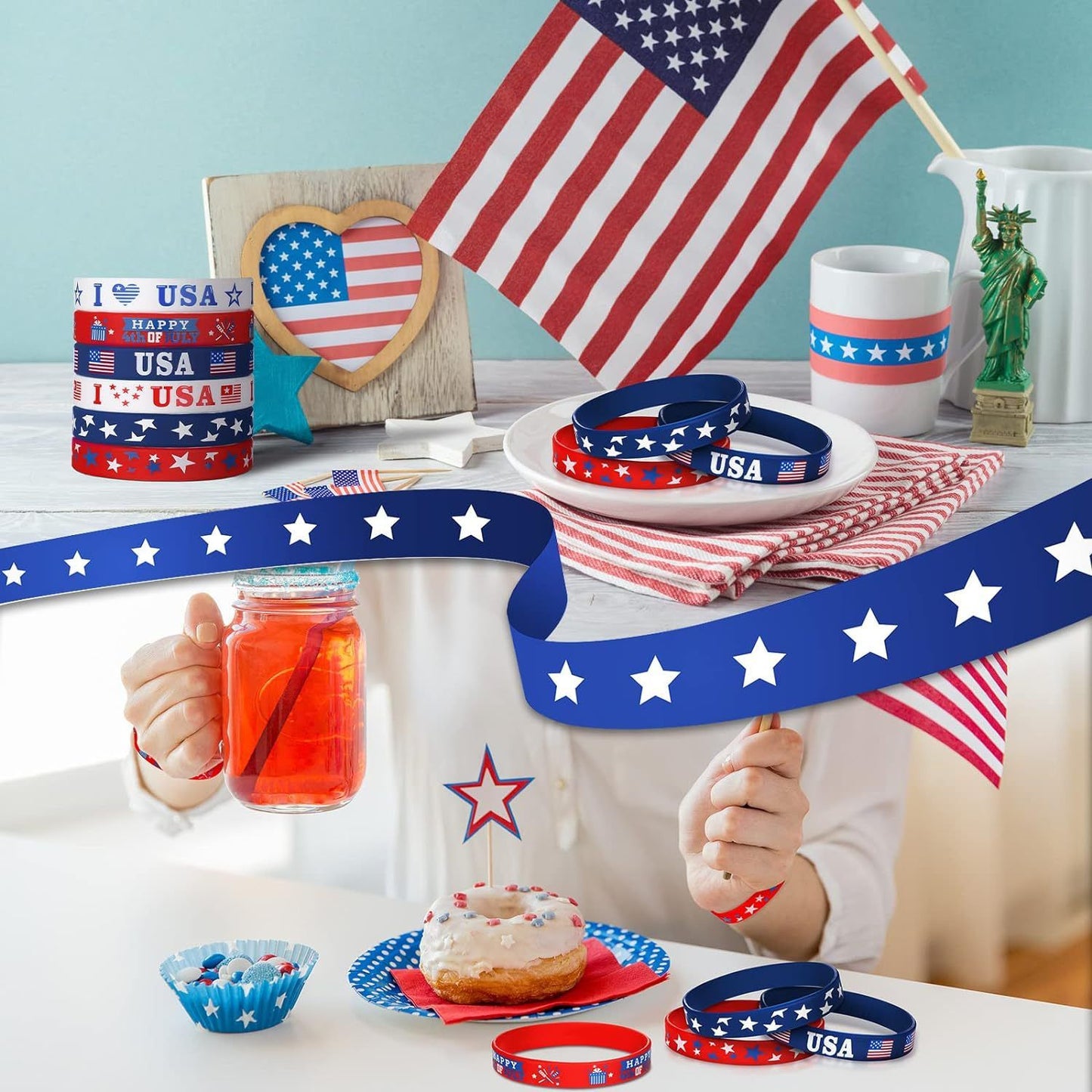 12Pcs Independence Day Theme Bracelet I Love USA Silicone Wristbands for 4th of July American National Day Birthday Party Favors
