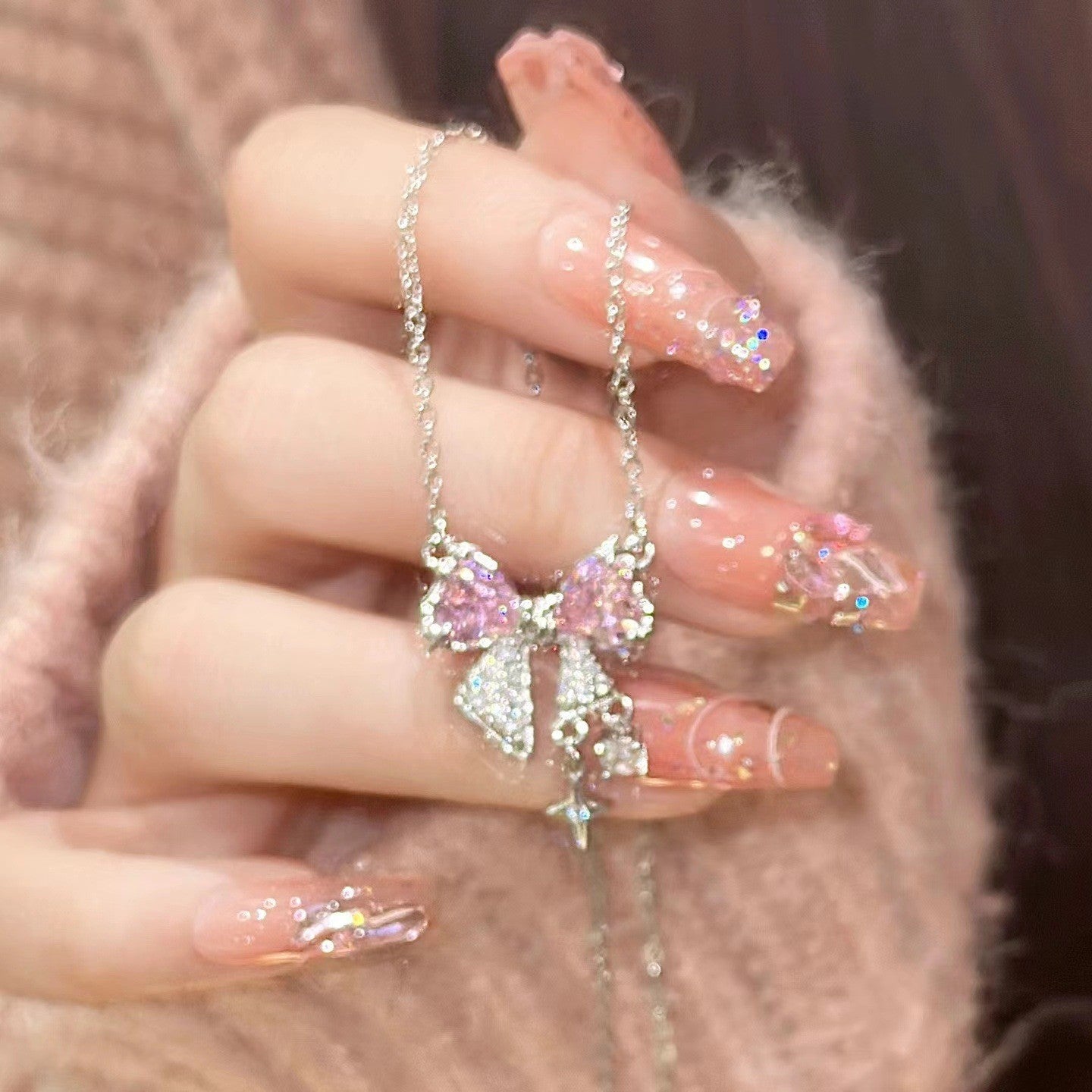 Colar coreano com pingente de laço de coração de cristal rosa, corrente prateada, para mulheres, joias estéticas para casamento
